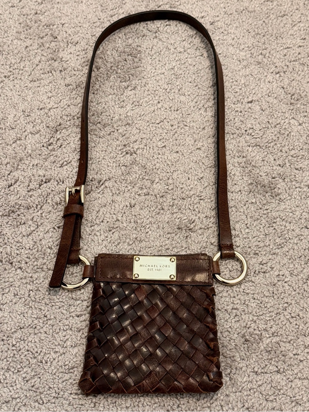 Rare Michael Kors Brown Woven Leather Belt Bag with Gold Plate